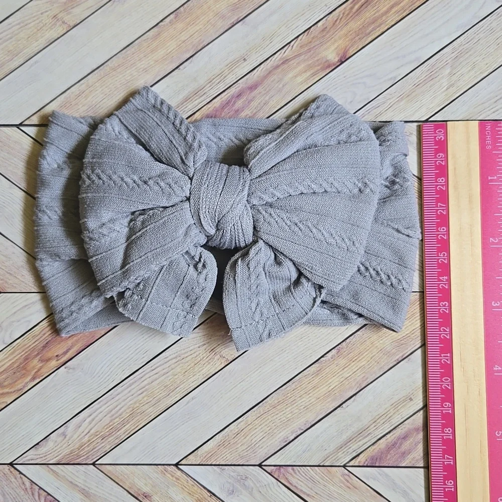 Cable Knit Baby Girl Headband Soft Ribbed Turban Bow Grey Infant Hair Photo Prop